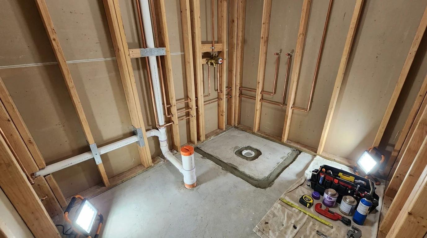 Bathroom rough-in plumbing during remodel by Johns Plumbing LLC in Cheyenne