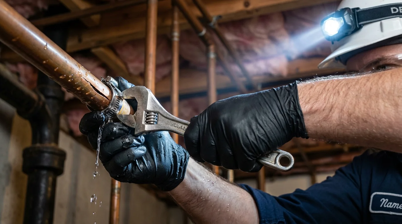 Emergency pipe clamp repair being performed by a Johns Plumbing LLC plumber in Cheyenne