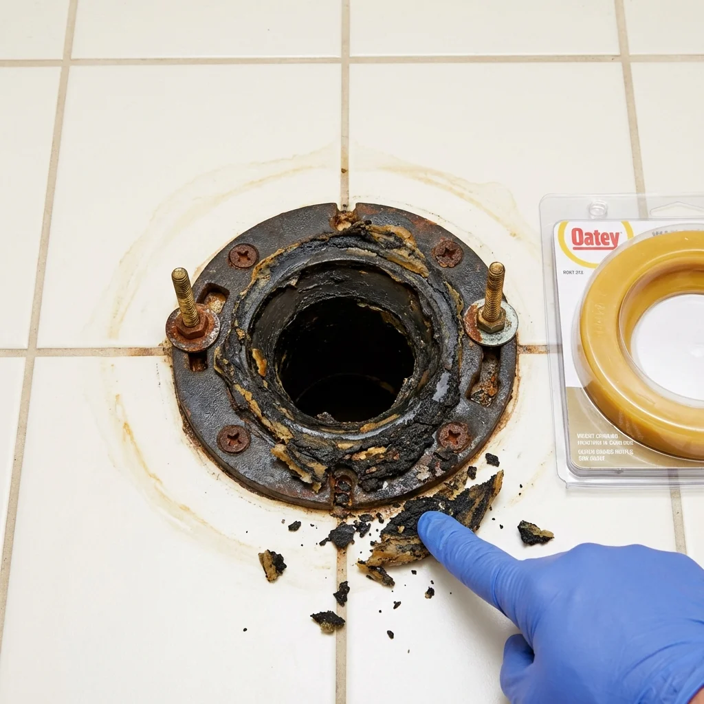 Failed wax ring showing water seepage at the base of a toilet in a Cheyenne, OK home
