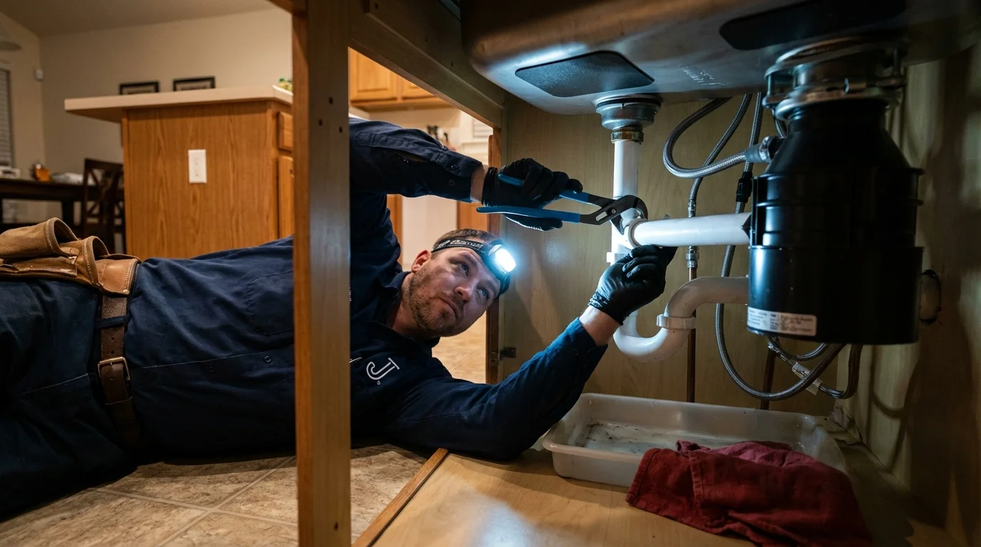 P-trap and supply line connections under a kitchen sink showing a common leak point in Cheyenne, OK